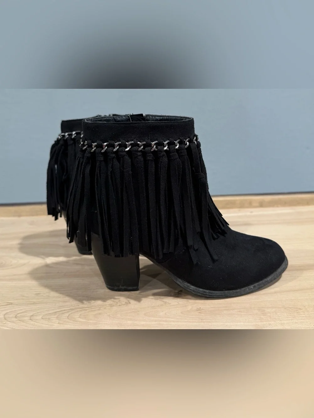 Pierre Dumas Black Fringe Ankle Booties with Chain Detail